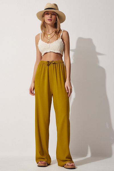 Happiness İstanbul Women's Oil Green Palazzo Viscose Trousers BH00322