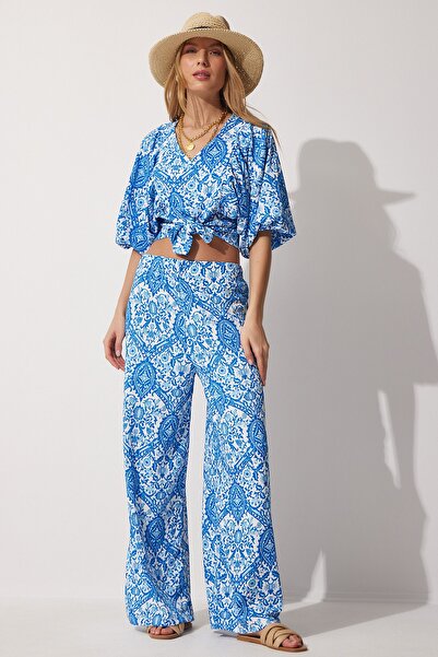 Happiness İstanbul Dámská modrá vzorovaná halenka volné kalhoty MC00161