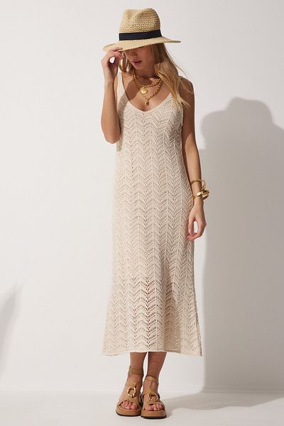 Happiness İstanbul Cremefarbenes, durchbrochenes Sommerstrickkleid mit Trägern für Damen NF00044