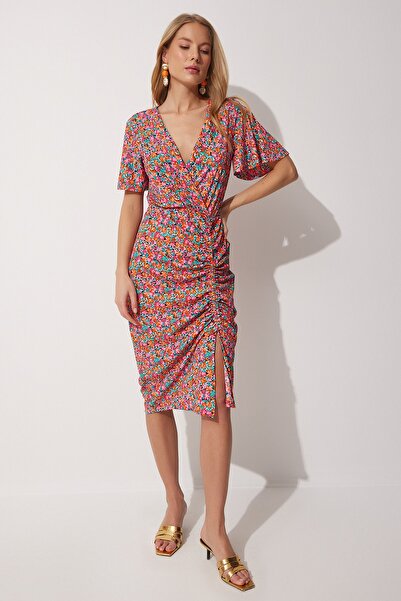 Happiness İstanbul Kadın Pembe Çiçekli Anvelop Yaka Yazlik Elbise MC00162