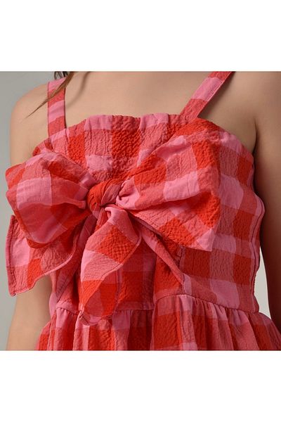 Çikoby Girl's Pink-Red Checkered Dress