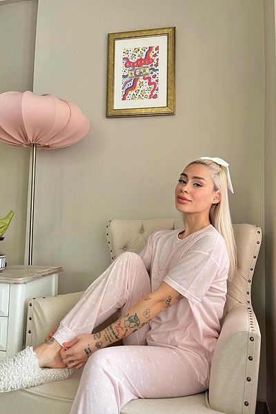 Pijamaevi Salmon Three Heart Printed Knitted Short Sleeve Women's Pajama Set