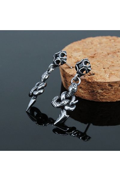 Viking Zircon Stone Stud Model Hanging 316l Steel Men's Earring with Snake Accessory