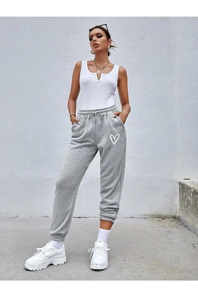 MODARİCH Heart Jogger Sweatpants - Γκρι, εμπριμέ, λαστιχένιο πόδι, αναστολή, ψηλόμεσο