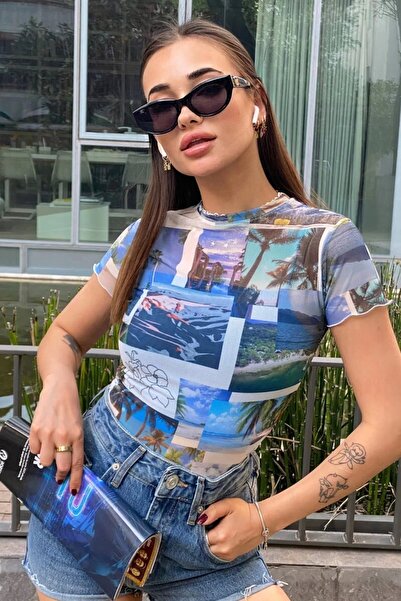 ELBEY Short Sleeve Tulle Printed Croptop