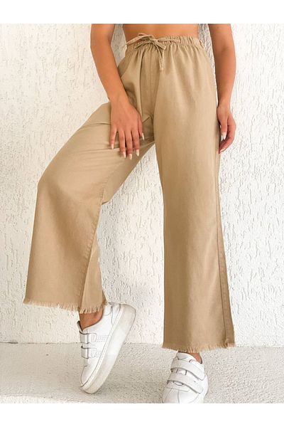DENİKK Μπεζ Palazzo Thin Summer Φούντες Παντελόνι Gabardine
