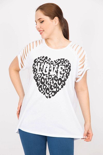Şans Women's White Plus Size Sleeves Laser Cut Stone and Print Detailed Blouse 65n35884