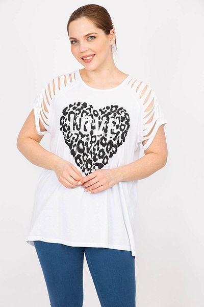Şans Women's White Plus Size Sleeves Laser Cut Stone and Print Detailed Blouse 65n35884