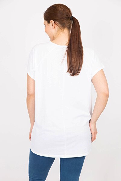 Şans Women's White Plus Size Sleeves Laser Cut Stone and Print Detailed Blouse 65n35884