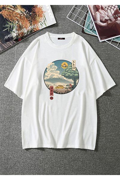 Buğraterzimoda Tricou alb oversize unisex cu imprimeu Totoro Anime