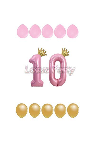 LOTUS PARTY 10 سنوات من العمر بالون الذهب الملك المتوج ذو الرقم الوردي والورد...