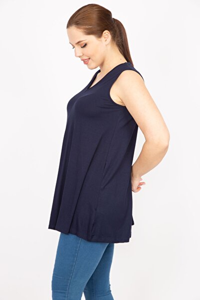 Şans Women's Navy Blue Large Size Front A Pleated Blouse 65n35858