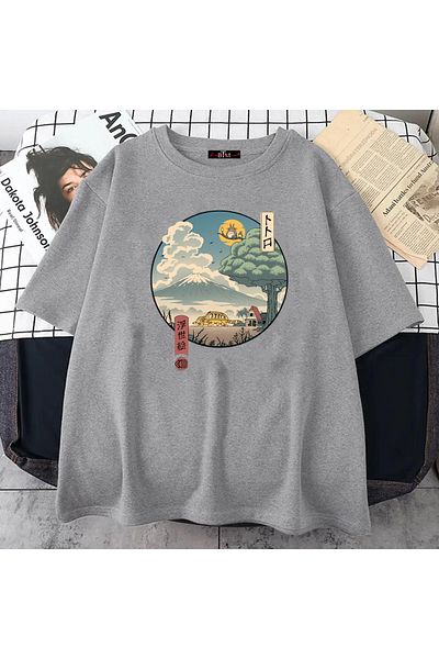 Buğraterzimoda Totoro Anime Printed Unisex Γκρι μπλουζάκι Oversize