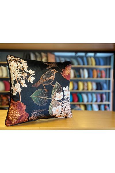 Fabricland Husă de pernă neagră cu model de păsări din catifea de mătase importată 43x43cm (MOLAN DUBLĂ)