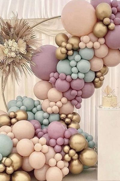 Trend Hediye Sepeti Winter Green Powder Pink Salmon Chrome Gold 50 Pieces Balloon Chain