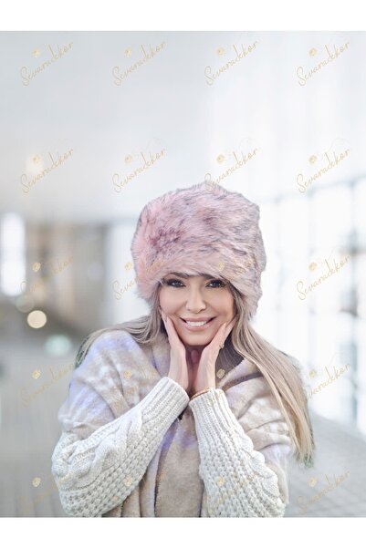 sevaradekor Faux Fur Women's Kalpak Feather Plush Snow Hat Beanie Pink Black Melted Women's Beret