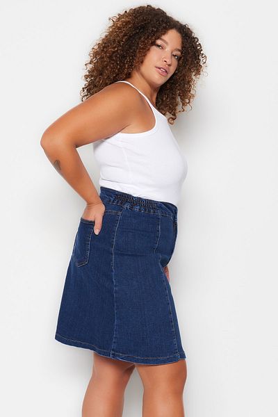 Trendyol Curve Dark Blue High Waist Denim Skirt with Stitching Detail TBBSS23AZ00016