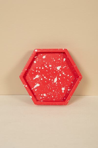 Handmeight Beton Altıgen Kırmızı Beyaz Splah Altlık / Sunumluk / Tepsi
