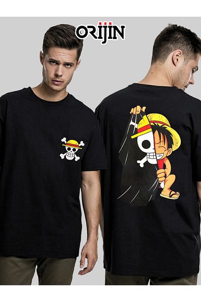 Orijin Tekstil One Piece Luffy Flag εμπρός και πίσω με στάμπα Unisex μαύρο μπλουζάκι
