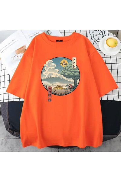 Buğraterzimoda Μπλουζάκι Totoro Anime Printed Unisex Πορτοκαλί Oversize