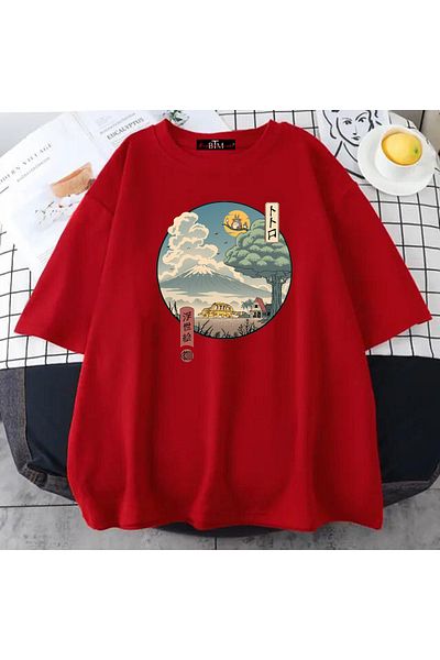 Buğraterzimoda Μπλουζάκι Totoro Anime Printed Unisex Red Oversize