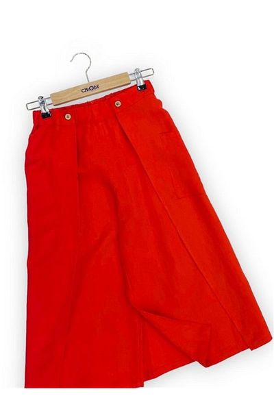 Çikoby Girl's Elastic Waist Wide Leg Woven Red Trousers