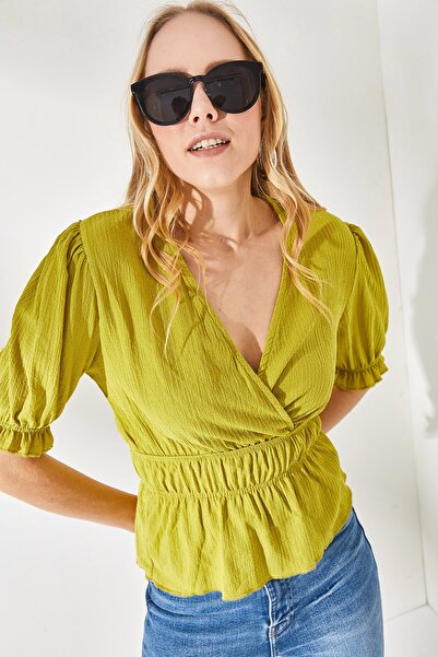 Olalook Dámská olejově zelená halenka s elastickým pasem, dvouřadá BLZ-19002187