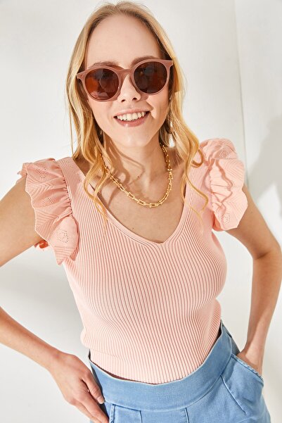 Olalook Γυναικεία πούδρα μπροστινό πίσω V βολάν ώμου Πλεκτό μπλούζα BLZ-19001097