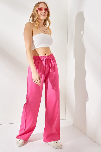 Olalook Kadın Pembe Kuşaklı Beli Lastikli Palazzo Ayrobin Pantolon PNT-19000200