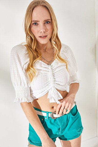 Olalook Γυναικεία Λευκή Μπροστινή Μπροστινή Μπλούζα με Λεπτομερή Crop BLZ-19002213