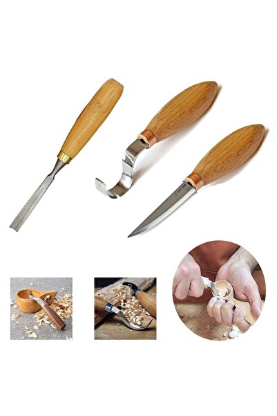 Depolife Ahşap Oyma Bıçak Alet Seti Kaşık Kuksa Oval Düz Oyma Yontma Bıçağı 3 Parçalı Set