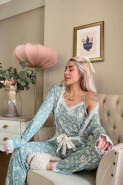 Pijamaevi Zelenožlutá mini Daisy vzorované pyžamové pyžamo Pegasus s županem