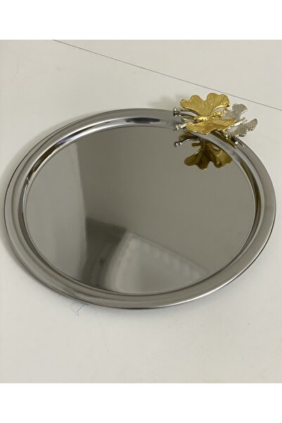 Mineli-Aşk Paslanmaz Çelik Yuvarlak Model Servis Ve Sunum Tepsisi Kelebek Aksesuarlı