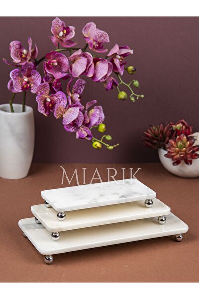 MIARIK DESIGN & DEKORASYON Dekoratif Beyaz Mermer 3lü Dikdörtgen Gümüş Top Ay...