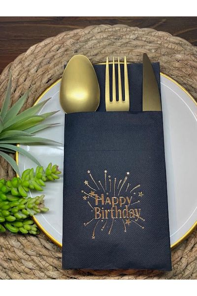 kidspartim Μαύρο χρυσό επιχρυσωμένο χαρτοπετσέτα Happy Birthday - 12 τεμάχια με τσέπες 40x40