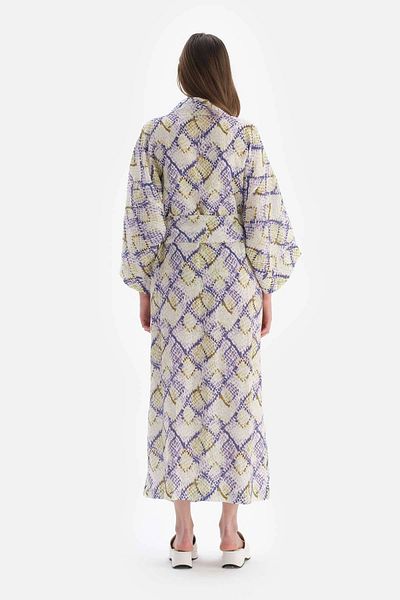 Dagi Grün-blauer langer Kimono aus Leinen