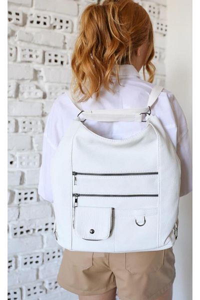 MERİÇ ÇANTA Women's White Sleeve and Backpack Washed Leather with Lots of Eyelets