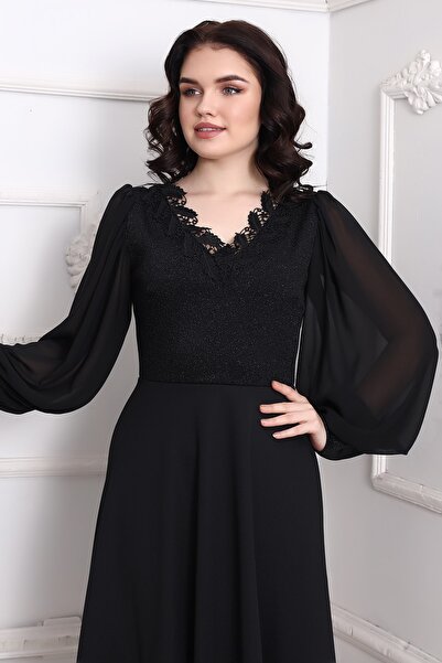 Moda MiraGül Şifon Kol Önü Simli Midi Elbise