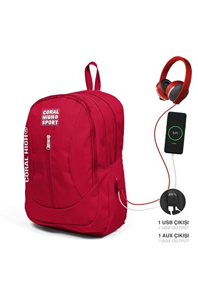 Coral High Sport Kırmızı Usb Şarjlı Kulaklık Çıkışlı Dört Bölmeli Sırt Çantas...