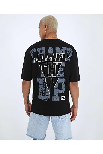 machiavelli Champ The Up Front and Back Printed Oversize Unisex Black T-Shirt