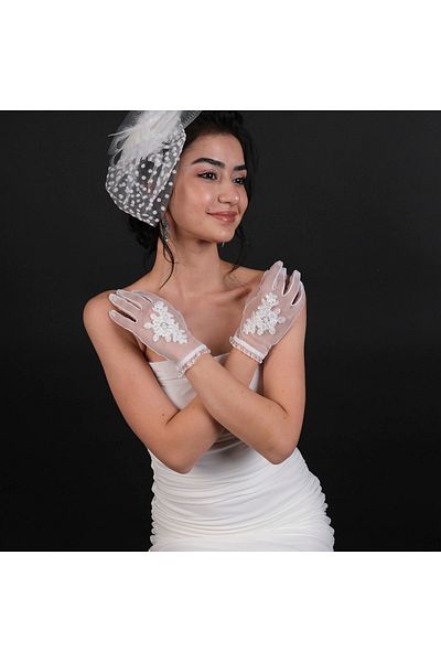Hayalperest boncuk Pălărie de mireasă cu buline albe și mănuși de mireasă
