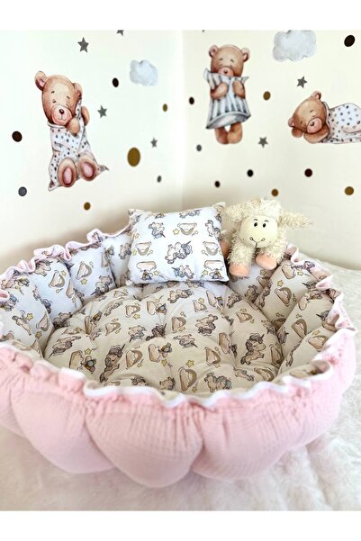 Babynest Yuvarlak Yatak/oyun Minderi Ve Yastığı Pembe Pikeli Ve Poplin Desenl...