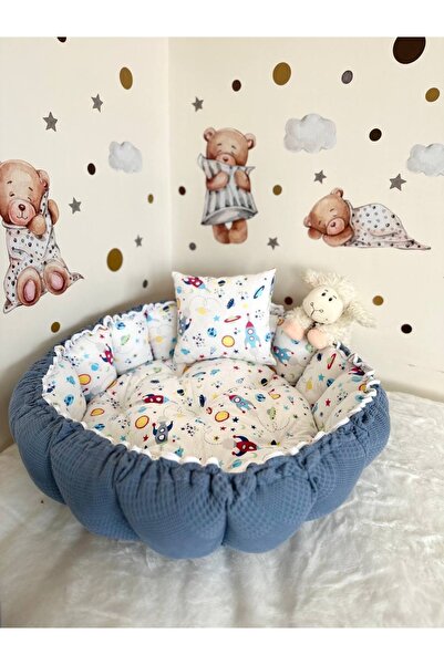 Babynest Yuvarlak Yatak/oyun Minderi Ve Yastığı Lacivert Pikeli Ve Poplin Des...