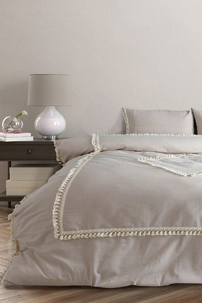 NDC HOME Beige Cotton Linen Double Baklava Pattern Pompom Single Duvet Cover Set (WITH SPARE PILLOWS)