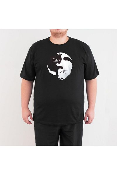 Bant Giyim Yin Yang Cat 4XL - Large Size Men's Black T-Shirt