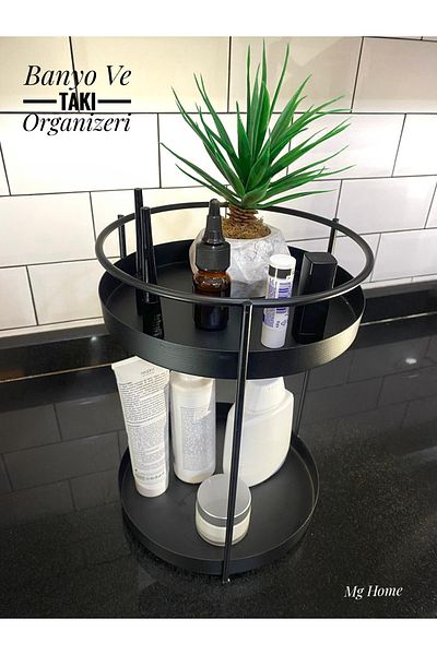 MG HOME Органайзер за козметични бижута за баня Многофункционален органайзер Двуетажна поднос за сервиране Поставка за лакомства Черен