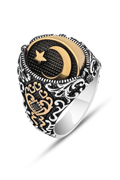 ALYANSEVİM Çift Taraflı Ayyıldız Oniks Taşlı 925 Gümüş Erkek Yüzük