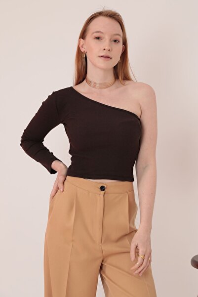 Kaktüs Moda Kaşkorse Kumaş Tek Omuzlu Kahve Kadın Bluz