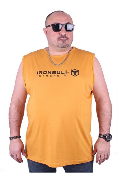 Starbattal تي شيرت رجالي مطبوع بدون أكمام مقاس كبير Iron Bull 23144 الخردل
