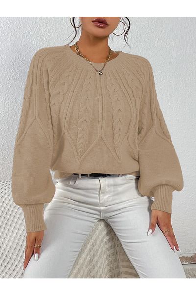 AQE FASHION Braided Crew Neck Italian Sleeve Knitwear Stone Sweater